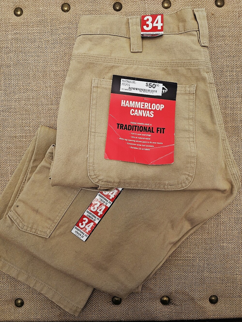 NWT Wolverine Hammerloop Cotton Duck Canvas Carpenter Traditonal Fit 34"x32"